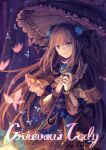  1girl absurdres arcaea arm_cutout black_bow black_bowtie black_capelet black_hair black_ribbon black_skirt black_umbrella blue_corset blue_eyes blue_flower blue_rose bow bowtie bug butterfly capelet character_name closed_mouth commentary_request corset cowboy_shot flower hair_flower hair_ornament hair_ribbon highres holding holding_umbrella long_hair long_sleeves looking_at_viewer parasol pleated_capelet red_butterfly ribbon rose ryuh_(asahina_neru) skirt solo standing tairitsu_(arcaea) tairitsu_(grievous_lady)_(arcaea) twitter_username umbrella very_long_hair 