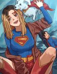  absurdres animal_collar biting biting_head black_hair blonde_hair blood blood_on_face blue_shirt brown_jacket cape collar grey_eyes highres jacket krypto_the_superdog pants pluvion red_cape red_pants shirt supergirl superhero_costume superman tongue tongue_out 