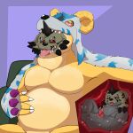 1_eye 2025 2_horns absurd_res animal_genitalia animal_penis animal_skin anthro balls bandai_namco belly big_belly black_body black_eyes black_fur black_horn black_nails blue_body blue_fur blush bodily_fluids colored_nails countershade_face countershade_neck countershade_scales countershade_torso countershading digimon digimon_(species) digital_drawing_(artwork) digital_media_(artwork) drooling duo eye_patch eye_patch_only eyewear fur furniture gabumon garabumon genitals green_body green_eyes green_fur green_sofa grenym hand_on_belly hi_res horn inside internal knot kushmon male male/male multicolored_body multicolored_fur multicolored_scales multicolored_skin nails oral_vore pecs penis pink_tongue purple_background red_eyes red_tongue saliva saliva_on_tongue saliva_string scales scalie simple_background sofa spiral_horn straight_horn striped_body striped_fur stripes substance_intoxication tongue tongue_out two_tone_body two_tone_fur two_tone_skin vore white_body white_fur x-ray_view yellow_body yellow_horn yellow_scales