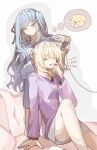 2girls bang_dream! bang_dream!_it&#039;s_mygo!!!!! blonde_hair blue_hair blue_shirt commentary grey_shorts hair_dryer haobuguniao hashtag-only_commentary highres holding holding_hair_dryer long_hair medium_hair misumi_uika multiple_girls purple_shirt shirt shorts togawa_sakiko two_side_up yawning 