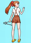  bad_id bad_pixiv_id blue_background blue_eyes brown_hair from_behind kanzaki_muyu legs long_hair no_socks original ponytail profile shoes simple_background skirt sneakers solo suspenders tongs waving 