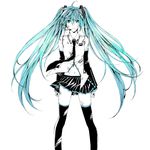  aqua_eyes aqua_hair bad_id bad_pixiv_id detached_sleeves hatsune_miku headset long_hair navel necktie sabiiro_(epos_kirito) simple_background skirt solo thighhighs torn_clothes torn_legwear twintails very_long_hair vocaloid 