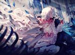  2girls arcaea black_dress black_hair black_thighhighs boots bow bug butterfly crying dated detached_wings dress dress_bow floating_hair flower garter_straps hair_flower hair_ornament highres hikari_(arcaea) hikari_(fatalis)_(arcaea) hug kneeling long_hair long_sleeves multiple_girls open_mouth outdoors pink_bow pink_flower profile red_butterfly ryuh_(asahina_neru) signature sunlight tairitsu_(arcaea) tairitsu_(tempest)_(arcaea) thighhighs very_long_hair white_boots white_dress white_hair white_wings wings 