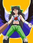  arm_cannon asuwado belt black_hair bow cape cosplay evil_grin evil_smile grin hokuto_no_ken knee_pads long_hair pants reiuji_utsuho smile solo souther souther_(cosplay) touhou weapon wings 