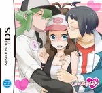  2boys asababa_kure baseball_cap blue_eyes blue_hair blush brown_hair cheren_(pokemon) closed_eyes couple glasses green_hair handheld_game_console hat heart hetero hug kiss multiple_boys n_(pokemon) nintendo_ds pokemon pokemon_(game) pokemon_bw ponytail touko_(pokemon) translated 