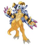 1_eye 2025 2_horns 4_fingers animal_skin anthro bandai_namco belt bent_legs biceps blue_body blue_fur buckle countershade_face countershade_neck countershade_scales countershade_torso countershading digimon digimon_(species) digital_drawing_(artwork) digital_media_(artwork) eye_patch eye_patch_only eyewear fingers full-length_portrait fur gabumon garabumon green_eyes hi_res horn leather leather_strap liecomj male multicolored_body multicolored_fur multicolored_scales multicolored_skin muscular navel pecs portrait pose scales scalie shaded simple_background smile solo spiral_horn straps striped_body striped_fur stripes tail two_tone_body two_tone_fur two_tone_skin white_background white_body white_fur yellow_body yellow_horn yellow_scales