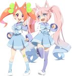  2girls :d absurdly_long_hair absurdres animal_ears anime_coloring arm_at_side bandaid bandaid_on_knee bandaid_on_leg blue_bow blue_bowtie blue_hair blue_skirt blue_socks body_freckles bow bowtie bright_pupils clenched_hand colored_inner_hair cropped_shirt double-parted_bangs fang fox_ears freckles full_body gradient_hair hair_ornament hand_up happy high-waist_skirt highres index_finger_raised knee_up long_hair mary_janes multicolored_hair multiple_girls nashirasauce open_mouth orange_hair original pink_eyes pink_hair purple_eyes purple_sailor_collar purple_thighhighs purple_trim sailor_collar sailor_shirt shirt shoes side_part simple_background skirt sleeves_past_wrists smile socks standing standing_on_one_leg striped_bow striped_bowtie striped_clothes teeth thighhighs transparent_background twintails upper_teeth_only very_long_hair white_pupils white_shirt white_shoes wide_sleeves 