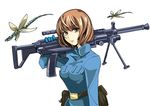  aoki_yuriko bakuman belt brown_eyes brown_hair gun kaze_no_tani_no_nausicaa looking_at_viewer mole morisoban nausicaa over_shoulder parody pouch short_hair simple_background solo weapon white_background 