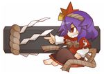  fang finger_gun grin gurageida leaf maple_leaf onbashira purple_hair red_eyes rope shide shimenawa smile solo touhou yasaka_kanako 