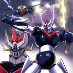  arm_blade cloud cowboy_shot dark_cloud electricity electrokinesis fighting_stance flying great_mazinger great_mazinger_(robot) hands_up holding holding_sword holding_weapon horns kamisimo_90 lightning mazinger_(series) mecha mecha_focus mechanical_wings multiple_views no_humans outstretched_arm outstretched_hand robot super_robot sword weapon wings yellow_eyes 