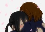  aoi_chiruko black_hair blush brown_hair closed_eyes crying hirasawa_yui hug k-on! multiple_girls nakano_azusa petals short_hair tears twintails 