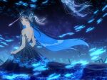  1girl backless_dress backless_outfit bare_shoulders beads blending blue_dress blue_eyes blue_hair blue_sleeves chinese_commentary circlet closed_mouth colored_inner_hair commentary cowboy_shot detached_sleeves dress expressionless fins fish fishnet_sleeves fishnets floating_hair flying_fish gown head_fins highres jellyfish kirina_zero long_hair lost_tides_(shining_nikki) multicolored_hair night night_sky nikki_(series) ocean outdoors pillar ruins shining_nikki shooting_star skirt_hold sky solo star_(sky) starry_sky strapless strapless_dress very_long_hair wading 