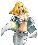  bare_shoulders belt blonde_hair blue_eyes breasts cape choker cleavage elbow_gloves emma_frost gloves large_breasts marvel midriff moreshan navel simple_background skin_tight solo thighs x-men 