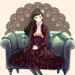  bad_id bad_pixiv_id black_hair doily hat ichimatsu1990 iwasaki_rio long_hair pantyhose persona persona_3 persona_3_portable sitting smile solo 