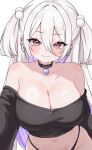  1girl barbell_piercing bare_shoulders bell belt belt_collar black_belt black_choker black_collar black_panties black_shirt blush breasts choker cleavage closed_mouth collar collarbone colored_inner_hair commentary ear_piercing english_commentary groin hair_between_eyes hair_ornament heart heart_in_eye highres huge_breasts industrial_piercing jingle_bell long_hair long_sleeves looking_at_viewer moshiedraws multicolored_hair navel off-shoulder_shirt off_shoulder original panties piercing pink_eyes pink_lips pom_pom_(clothes) pom_pom_hair_ornament purple_hair shirt simple_background smile solo stomach stomach_piercing symbol_in_eye thighs two-tone_hair two_side_up underwear white_background white_hair 