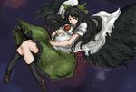  black_hair bow cape commentary_request downscaled_revision eyes green_bow hair_bow highres long_hair md5_mismatch michael-x pregnant red_eyes reiuji_utsuho smile solo touhou wings 