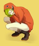  44zou bottomless green_hair gumi hood hoodie lip_piercing matryoshka_(vocaloid) multicolored multicolored_eyes piercing saliva simple_background solo squatting tears vocaloid 