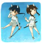  animal_ears black_hair brown_eyes brown_hair chibi dog_ears dog_tail eyepatch kinosaki_(green_patio) long_hair military military_uniform multiple_girls sakamoto_mio school_swimsuit short_hair strike_witches swimsuit swimsuit_under_clothes sword tail takei_junko uniform weapon world_witches_series 