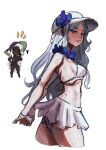  2girls absurdres arms_behind_back baseball_cap blue_eyes casual chibi chibi_inset cropped_legs doll_joints elden_ring elden_ring_nightreign flower foxxarius hair_flower hair_ornament hat heart highres joints long_hair md5_mismatch multiple_girls notice_lines recluse_(elden_ring) resolution_mismatch revenant_(elden_ring) solo_focus source_smaller spoken_heart swimsuit white_background white_hair 