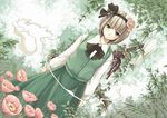  akiyama_nenehisa alternate_hair_color bangs black_hairband blonde_hair blunt_bangs bob_cut cardigan dutch_angle expressionless flower ghost green_eyes green_skirt hair_flower hair_ornament hairband ivy katana konpaku_youmu konpaku_youmu_(ghost) long_skirt poppy_(flower) skirt solo sword touhou weapon 