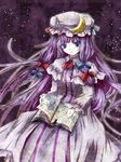  bad_id bad_pixiv_id blush book crescent_moon hat highres long_hair moon patchouli_knowledge purple_eyes purple_hair solo touhou utaori 