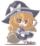  blonde_hair bow braid broom chibi fang full_body hat kirisame_marisa ribbon rikumaru solo touhou transparent_background witch_hat yellow_eyes 