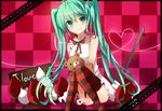  :t ao_ringo checkered checkered_background food fork fruit green_eyes green_hair hatsune_miku long_hair sitting solo strawberry striped striped_legwear stuffed_animal stuffed_toy teddy_bear thighhighs twintails very_long_hair vocaloid 