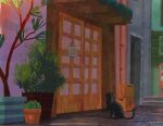  awning black_cat box cardboard_box cat close-up day door no_humans no_symbol original outdoors painterly plant potted_plant road scenery sign street tree zandra 