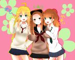  arm_hug blonde_hair brown_eyes brown_hair green_eyes hair_down hoshii_miki idolmaster idolmaster_(classic) long_hair michael_(aya-tokachi) minase_iori multiple_girls necktie school_uniform serafuku takatsuki_yayoi 