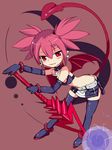  bat_wings bent_over demon_girl disgaea earrings elbow_gloves etna fang gloves highres jewelry pointy_ears polearm red_eyes red_hair shimeno_puni skirt solo tail thighhighs twintails weapon wings 