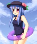  ash_(pixiv) blue_hair food fruit hat hinanawi_tenshi innertube long_hair one-piece_swimsuit peach red_eyes school_swimsuit solo swimsuit touhou 