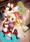 absurdres anonimasu bad_id bad_pixiv_id blonde_hair blush book bookshelf breasts cape chain copyright_request hat highres library long_hair magic magic_circle magic_research medium_breasts open_mouth red_eyes solo wand witch_hat wristband 
