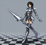  armor bad_id bad_tinami_id black_hair breastplate burunuu_(bullnukko) checkered checkered_floor gauntlets greaves green_eyes hairband lance original perspective polearm short_hair solo weapon 