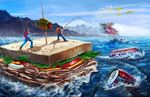  bread can cheese chips coca-cola day epic fishing fishing_rod food hat highres killingspr lettuce male_focus mountain multiple_boys ocean olive onion original oversized_food oversized_object product_placement sandwich signature sky soda_can surreal tomato toothpick what 