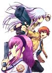  2girls angel_beats! blazer blue_hair brown_eyes brown_hair foreshortening green_eyes gun hand_sonic jacket long_hair multiple_girls otonashi_(angel_beats!) purple_hair school_uniform serafuku short_hair tenju tenshi_(angel_beats!) weapon yellow_eyes yuri_(angel_beats!) 