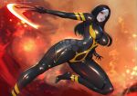  1girl black_bodysuit black_hair bodysuit expressionless from_below holding holding_sword holding_weapon impossible_bodysuit impossible_clothes latex latex_bodysuit long_hair parted_bangs parted_lips sade_abyss skin_tight solo standing standing_on_one_leg stellar_blade sword tachy_(stellar_blade) weapon 