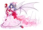  apple bad_id bad_pixiv_id blue_hair dress food fruit lewis red_eyes remilia_scarlet solo touhou traditional_media watercolor_pencil_(medium) wings 
