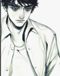  1boy 23i2ko art_program_in_frame bags_under_eyes black_eyes black_hair blank_stare coat curly_hair english_commentary greyscale monochrome original popped_collar shirt short_hair simple_background solo upper_body white_background white_coat white_shirt 