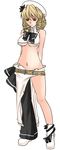  adapted_costume alternate_costume aoshima asymmetrical_clothes belt beltskirt blonde_hair boots bow breasts drill_hair hair_bow hair_ornament hat highres large_breasts luna_child midriff navel no_bra red_eyes revealing_clothes sarong single_pantsleg solo touhou underboob white_sarong 