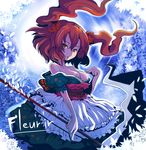 bare_shoulders breasts cleavage floating_hair hair_ornament md5_mismatch medium_breasts obi off_shoulder onozuka_komachi red_eyes red_hair ryuno sash scythe short_hair solo touhou two_side_up 