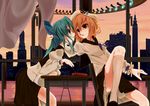  breasts commentary_request food green_eyes green_hair highres ilis medium_breasts multiple_girls pocky skirt yuri 