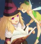  :d ahoge ankle_garter bad_id bad_pixiv_id barefoot blonde_hair book capelet fairy fairy_wings green_eyes grimgrimoire grimoire hat hitoya_(kitani) lillet_blan long_hair magic_circle minigirl multiple_girls open_mouth pentagram pointy_ears purple_eyes smile wings wizard_hat 