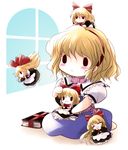  :&lt; :3 =_= alice_margatroid blonde_hair book capelet chibi closed_eyes doll hairband highres jitome long_hair open_mouth shanghai_doll short_hair simple_background solo touhou window yume_shokunin 