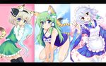  animal_ears between_fingers blue_eyes braid ghost gizao green_hair izayoi_sakuya japanese_clothes kemonomimi_mode knife kochiya_sanae konpaku_youmu konpaku_youmu_(ghost) maid maid_headdress multiple_girls one-piece_swimsuit red_eyes school_swimsuit silver_hair swimsuit tail thighhighs tiger_ears tiger_tail touhou twin_braids 