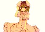  animal_ears bad_id bad_pixiv_id brown_hair bunny_ears carrot dress inaba_tewi jewelry pendant red_eyes short_hair solo touhou wiriam07 