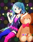  ail bad_id bad_pixiv_id blue_eyes blue_hair bow bowtie choker cup drinking_glass gem hat hatsune_miku jewelry long_hair mini_hat mini_top_hat necklace sitting smile solo stuffed_animal stuffed_toy teddy_bear thighhighs top_hat twintails vocaloid wine_glass 