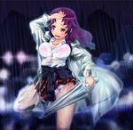  bra breasts brown_eyes clothes_around_waist efyuru idolmaster idolmaster_dearly_stars large_breasts lingerie long_hair ozaki_reiko panties pantyshot plaid plaid_skirt pleated_skirt purple_hair rain raincoat see-through shirt_around_waist skirt solo umbrella underwear wet 