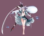  barefoot dress_shirt dual_wielding flat_chest ghost hairband highres holding katana konpaku_youmu konpaku_youmu_(ghost) moai_88 navel open_clothes open_shirt red_eyes sheath shirt short_hair silver_hair solo sword touhou weapon 