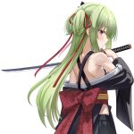  1girl bare_shoulders blunt_bangs blunt_ends blush breasts green_hair hair_between_eyes hair_ribbon highres hime_cut holding holding_sword holding_weapon japanese_clothes kimono long_hair long_sleeves looking_at_viewer murasame_(senren) red_eyes ribbon senren_banka sidelocks simple_background smile solo straight_hair sword tft_(tft7822) two_side_up very_long_hair weapon wide_sleeves 