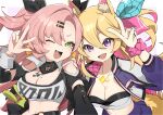  2girls :d ;3 animal_ears arm_at_side belt black_belt blonde_hair borrowed_character breasts cleavage commission cropped_jacket curtained_hair detached_sleeves glint green_eyes hair_between_eyes hand_on_another&#039;s_shoulder hand_up hands_up happy highres jacket jewelry midriff mole mole_on_breast mole_under_eye multicolored_jacket multiple_girls navel necklace one_eye_closed original outline pendant pink_hair purple_eyes purple_jacket purple_skirt second-party_source side-by-side side_part skirt smile sports_bra tail upper_body v w white_outline white_sports_bra yunoru 